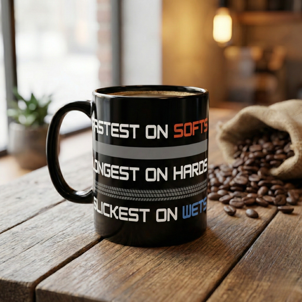 Racing Grip Levels Black Mug | “Softs, Hards, Wets” Tire Compound Coffee Cup (15oz)