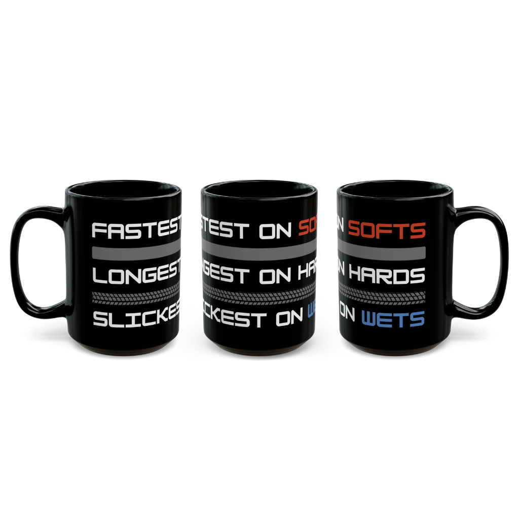 Racing Grip Levels Black Mug | “Softs, Hards, Wets” Tire Compound Coffee Cup (15oz)